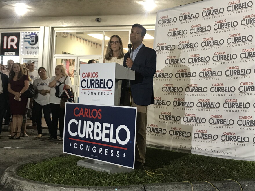 Carlos Curbelo delivers a concession speech at his watch party in Kendall.