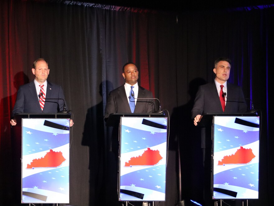 Congressman Andy Barr, former Attorney General Daniel Cameron and Lexington businessman Nate Morris shared the stage for the first GOP primary debate for U.S. Senate on Monday, March 16, 2026.