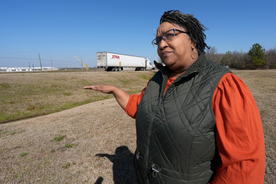 Cynthia Allen, a Canton, Miss., alderwoman, complains about the secrecy that surrounded the development of a massive data center currently in construction in a industrial park on the outskirts of Canton, Miss., across the two-lane highway in front of her house, Feb. 5, 2026.