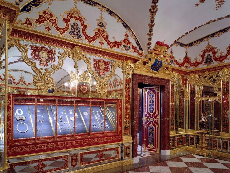 Thieves targeted three sets of items in the Jewel Room of the Green Vault museum in a heist carried out early Monday. The burgled room is seen here in a photo provided by the Dresden State Art Collections.