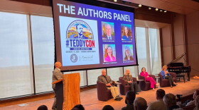 Michael Patrick Cullinane introduces moderator Craig Blumenshine and historians Kathleen Dalton, Lindsay Chervinsky and Stacy Cordery at the Theodore Roosevelt Presidential Library during TeddyCon on Friday, Oct. 9, 2026.
