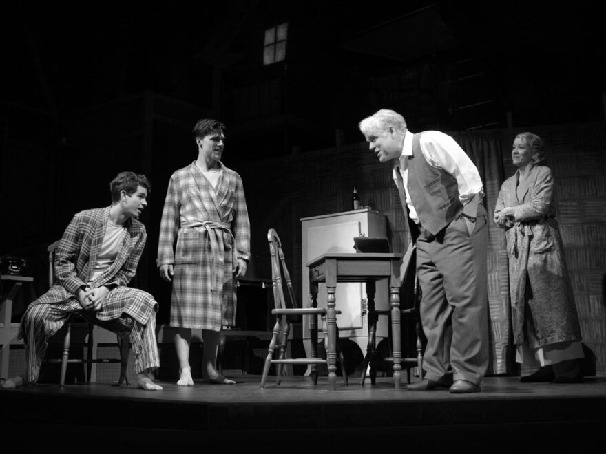 Andrew Garfield (left) stars opposite Finn Wittrock, Philip Seymour Hoffman and Linda Emond in Mike Nichols' revival of Arthur Miller's <em>Death of a Salesman</em>.