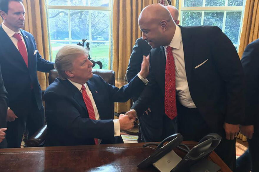 Attorney General Curtis Hill, right, and President Donald Trump meet at the White House in 2017.