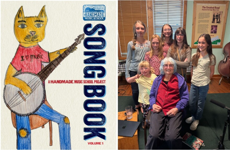 A student-designed cover for the Handmade Music School's songbook project, beside a photo of Alice Gerrard and students.