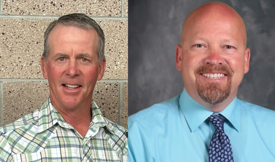 Two photos sit next to each other. The left photo is of a white middle-aged man wearing a green, yellow, black and white button down shirt. He stands against a cinderblock wall and is smiling. The photo on the right is of a bald white man with a reddish brown and greying goatee. He wears a light blue button down shirt and a dark blue and patterned light blue paisley tie. He's smiling is poses in front of a grey and white faded background.