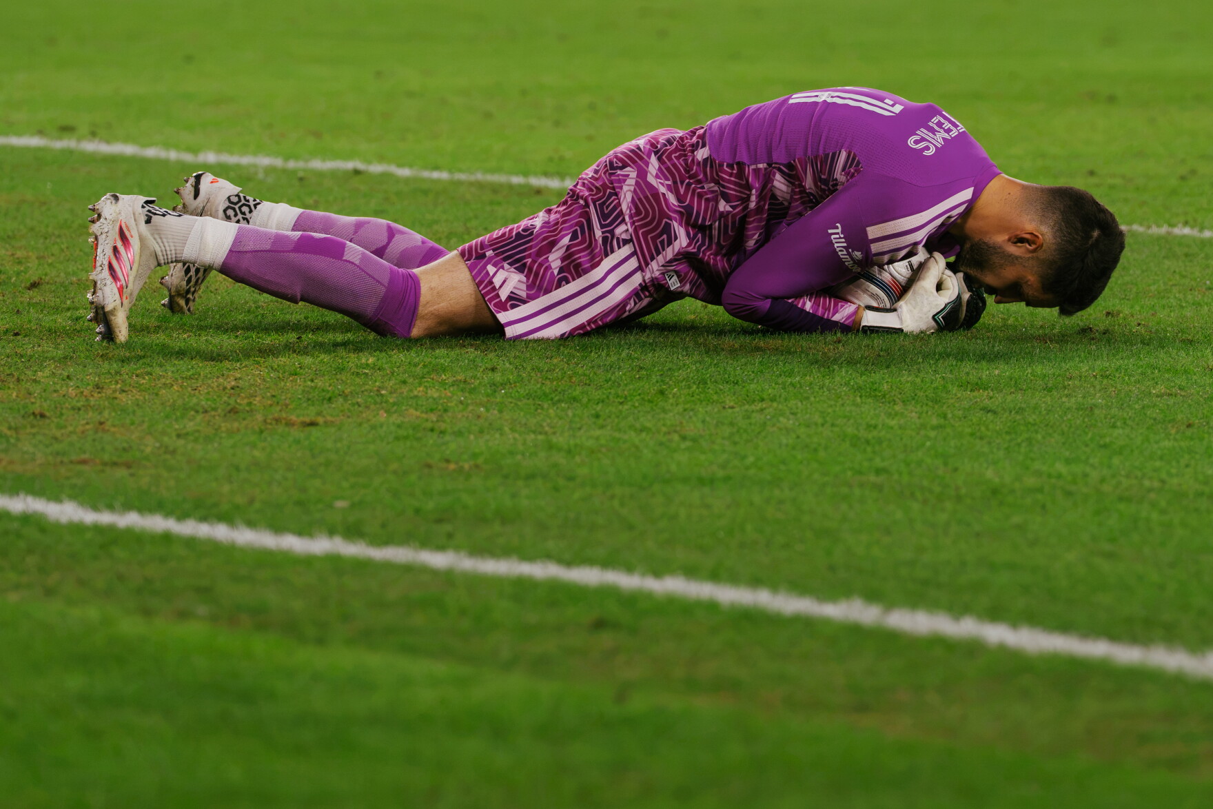 Portland Timbers goalkeeper James Pantemis (#41) clutches the ball after making a save during his team’s match against St. Louis City SC at Energizer Park on Wednesday, Oct. 28, 2026, in St. Louis’ Downtown West neighborhood.