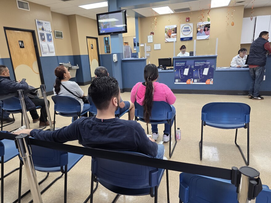 Mexican nationals wait to sell their blood plasma inside the Grifols Plasma Center in Laredo ,Texas.