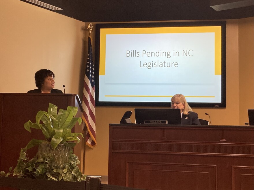 Winston-Salem/Forsyth County Schools General Counsel Dionne Jenkins presented an update on pending legislation to the Board of Education last week. AMY DIAZ/WFDD