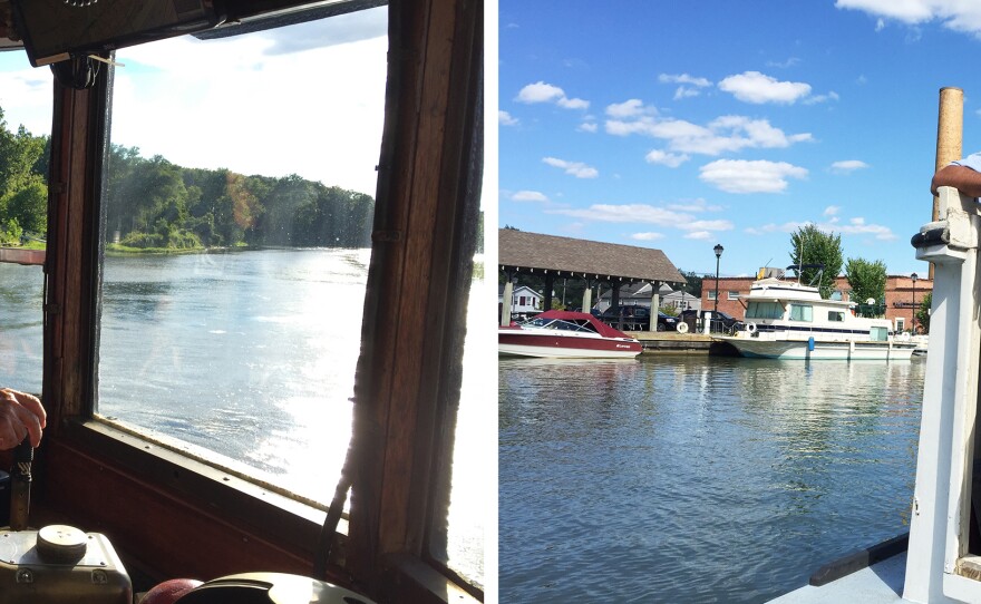 (Left) Captain Mark Smith steers the tugboat Margot into the Erie Canal from the Hudson River. (Right) Art Cohn, co-founder of the Lake Champlain Maritime Museum, takes a break in Fairport, N.Y., from his tugboat trip along the Erie Canal to share the history of the canal's early days.