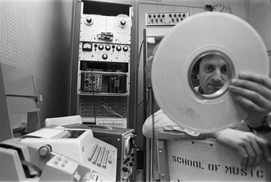 Iannis Xenakis with his digital-to-analog conversion equipment