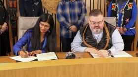 University of Alaska Southeast Aparna Palmer and Tlingit & Haida president Chaylee Éesh Richard Peterson sign a memorandum of understanding to develop a School of Indigenous Studies March 27, 2026. 