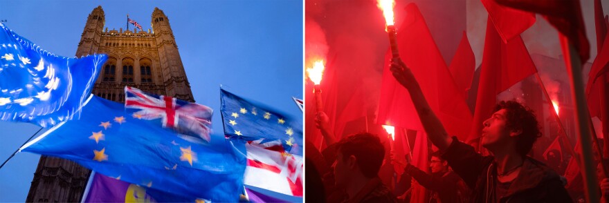 Left: European Union and British flags are flown in pro- and anti-Brexit protests outside Britain's Parliament in October 2019. Right: Demonstrators hold flags and set off red flares during anti-Brexit and anti-austerity protests, as Britain's Conservative Party conference gets underway in Manchester in 2017.