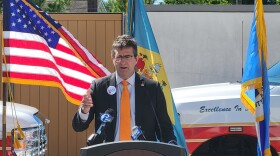 New Castle County Executive Matt Meyer announces three gun safety bills outside of Paramedic 3 near the Kirkwood Library on June 10, 2024.