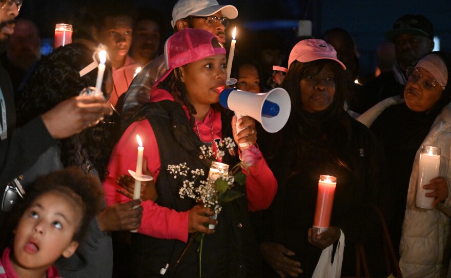 Ameerah Woods speaks about her adoptive daughter, La'Nyiah 'Lala' Clark, during a vigil Saturday night, Feb. 28, 2026 in Wilkes-Barre.