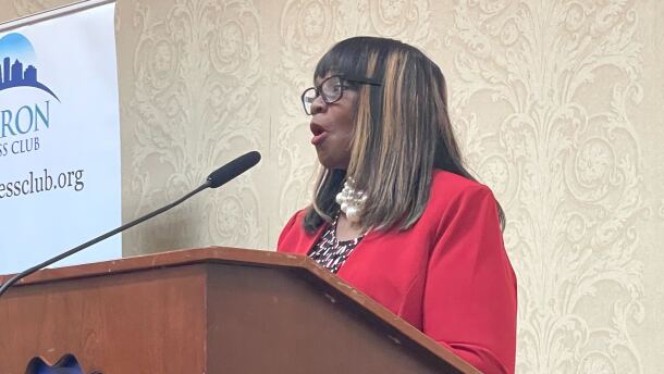 Akron Superintendent Mary Outley speaking during her annual State of the Schools speech at the Akron Press Club.