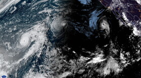 A satellite image shows from left to right, Hurricane Lowell, Post-Tropical Cyclone Karina and Tropical Storm Marie in the Pacific on Sunday evening, Sept. 6, 2026.