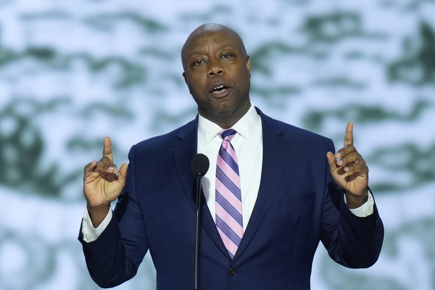Sen. Tim Scott, R-SC, speaking during the first day of the Republican National Convention.
