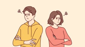 a drawing of a man and woman standing with their backs to each other looking angry