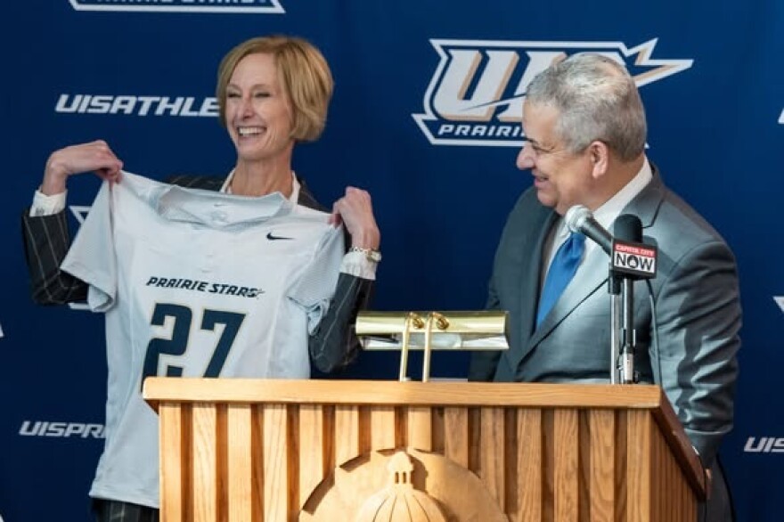 Chancellor Janet Gooch (left) and UIS Athletic Director Mike Hermann