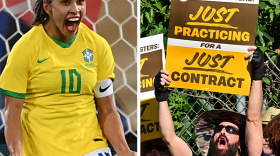 From left: Marta, UPS practice picketer, disturbing fish