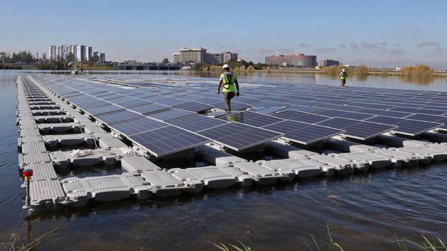 Solar array floats out as FPL and Miami-Dade County launched a half-acre 402-panel floating solar array generating 160 kilowatts of power into the Blue Lagoon adjacent to Miami International Airport on Tuesday, January 28, 2020.