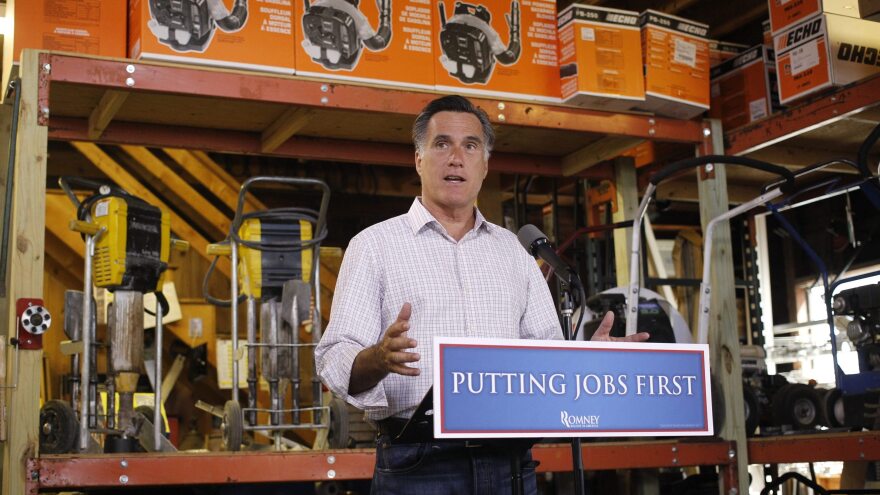 Republican presidential candidate Mitt Romney speaks about job numbers July 6 at Bradley's Hardware in Wolfeboro, N.H.