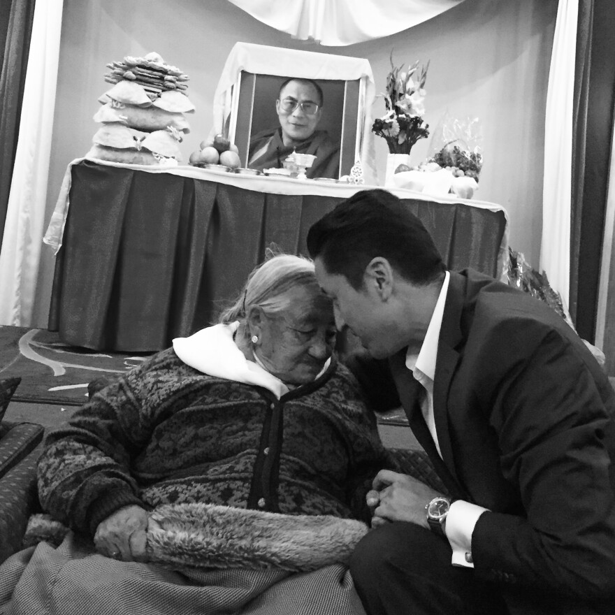 Woeser Choeden, 90, greets her oldest grandson. She finds great happiness in having raised four "independent and capable" daughters.