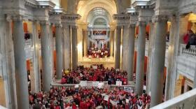 Teachers rally in the Kentucky capitol in Frankfurt in April