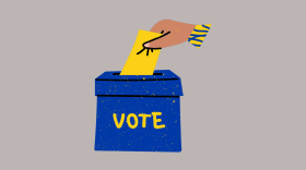 a blue ballot box and a hand casting their vote