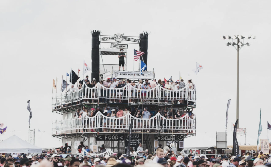Hogs for the Cause cook-off team River Pork Pilots build a riverboat as its festival booth.