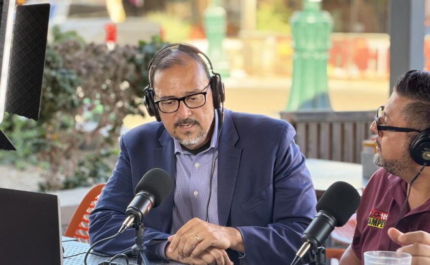 Arizona Secretary of State Adrian Fontes sits down for a live interview with La Campesina Radio in downtown Yuma on Tuesday, Oct. 27, 2026.