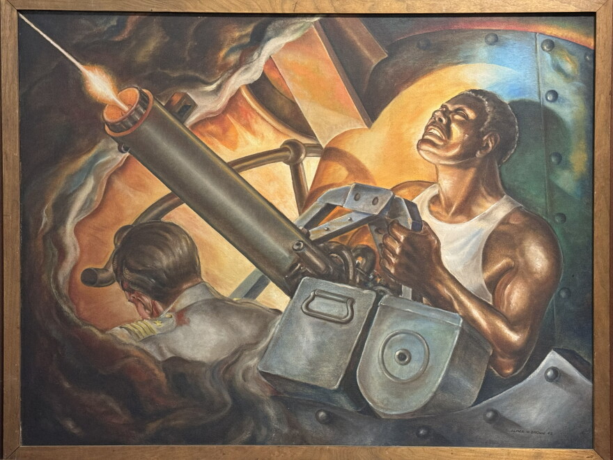 Cleveland artist Elmer Brown painted this 1942 image of Doris Miller gunning down Japanese fighters during the attack on Pearl Harbor, December 7, 1941.