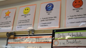 Signs in a Marvin Pratt Elementary School classroom explain what testing scores like 'proficient' and 'basic' mean.