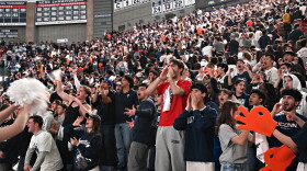 UConn Huskies fans cheer at a watch party in Gampel Pavilion during the first half of the NCAA Men's Basketball Tournament National Championship game on April 3, 2023. UConn beat San Diego State 76-59.
