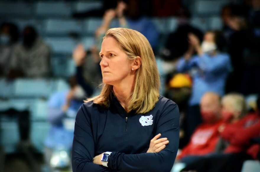  North Carolina Tar Heels head coach Courtney Banghart watches from the sidelines as her Tar Heels host N.C. State on Jan. 30, 2022 in Carmichael Arena.