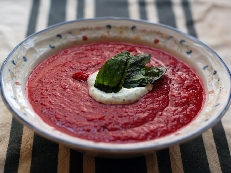 Beet Gazpacho With Basil Sour Cream And Basil Chips