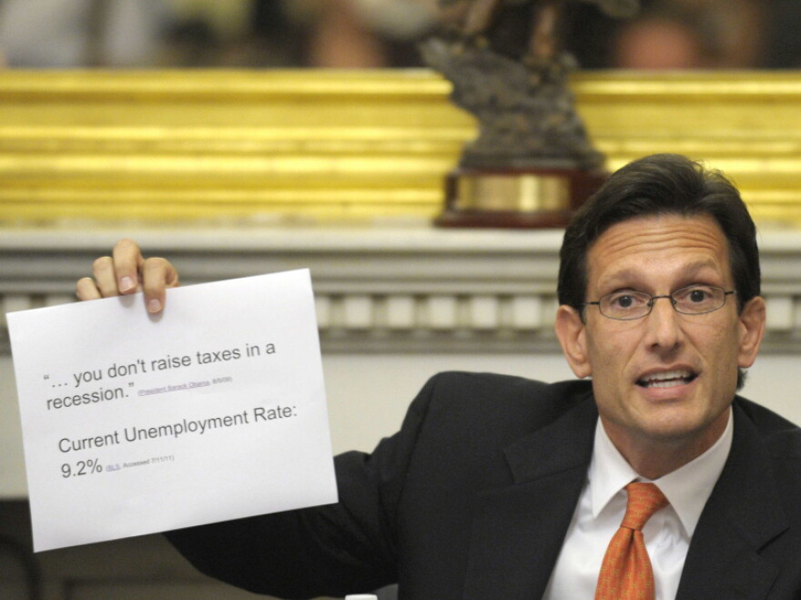 House Majority Leader Eric Cantor of Va. speaks to reporters on Capitol Hill in Washington on Monday as debt talks continued.