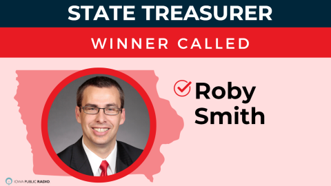 A graphic showing Roby Smith, who has won the State Treasurer race.