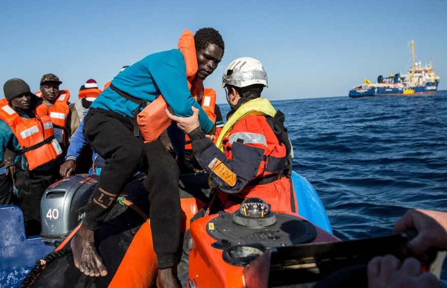 A group of 47 migrants is transferred from a rescued inflatable boat onto a Sea Watch 3 RHIB during a rescue operation by the Dutch-flagged vessel Sea Watch 3 off Libya's coasts on Saturday.