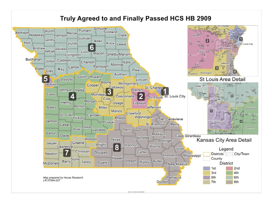 The Missouri congressional district map passed by lawmakers in 2022 and used for the 2022 and 2024 elections. The Missouri Supreme Court ordered this map to be used for the Nov. 3 election.
