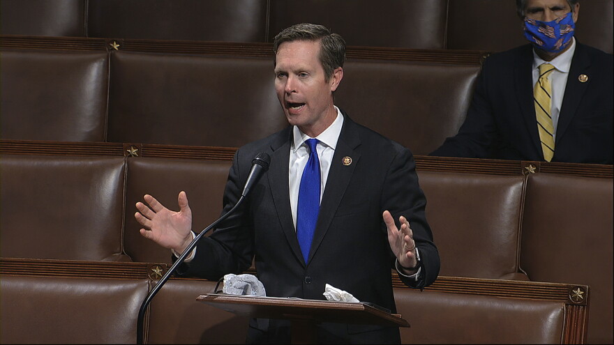 In this April 23, 2020, file image from video, Rep. Rodney Davis, R-Ill., speaks on the floor of the House of Representatives at the U.S. Capitol in Washington, D.C. 