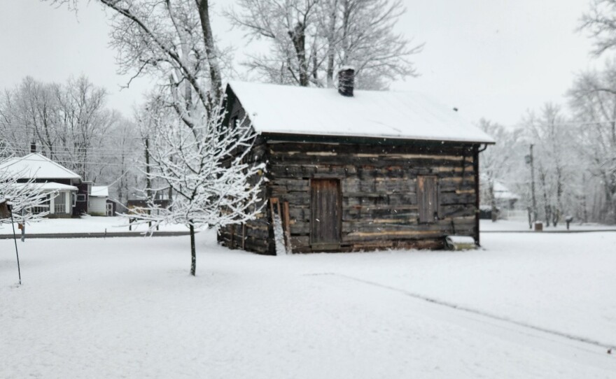 The 1834 Waterford log cabin stands intact before its recent disassembly and relocation for restoration by Elkhart County Parks.
