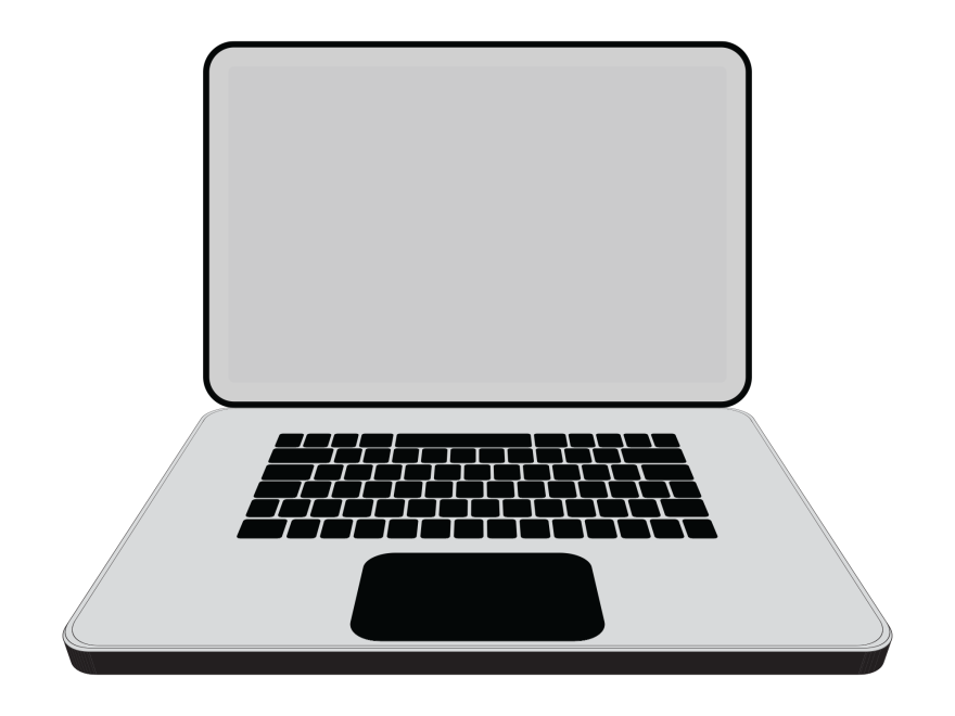 A drawing of a gray laptop is displayed on a white background. The laptop is open.