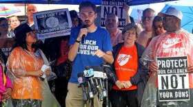 David Hogg, a survivor of the 2018 Marjory Stoneman Douglas High School mass shooting, speaks at a Friday, June 3, 2022, gun-safety legislation rally outside U.S. Sen. Marco Rubio’s Miami office. (MIKE STOCKER Sun-Sentinel / TNS/ The Miami Herald)