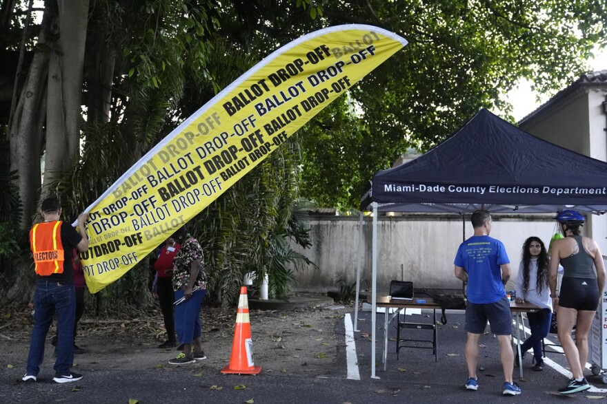 A poll worker puts up a sign for a ballot drop-off location on the first day of early voting in the general election, in Miami, Oct. 21, 2024.