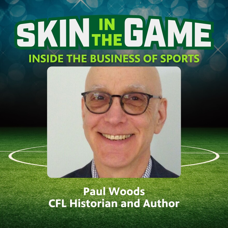 turf field as the background. SITG logo at the top, INSIDE THE BUSINESS OF SPORTS in green text below that. Photo of Paul Woods with his name in white text underneath. below that is white text reading CFL Historian and Author