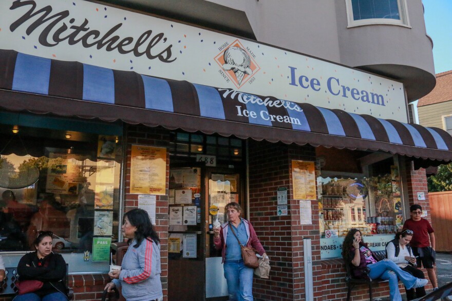 The front of Mitchell's Ice Cream shop as customers wait for their ice cream