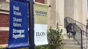 Banners announcing the merger between Queens University and Elon University were seen on the Queens campus on Sept. 23, 2026.