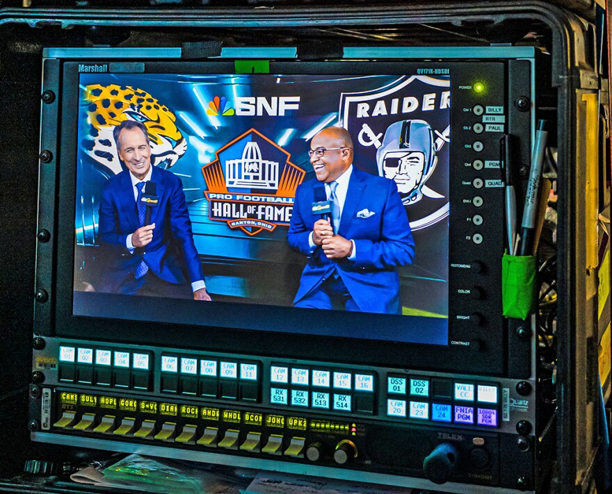 NBC production truck view of Cris Collinsworth and new partner Mike Tirico broadcasting the NFL Hall of Fame game in Canton, Ohio, in August.