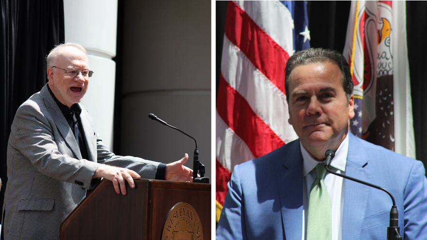 Two separate photos of men speaking at a podium.